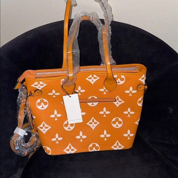 Orange Monogram Tote Bag with White Pattern, NEW, Fashion Bag - Picture 2 of 7